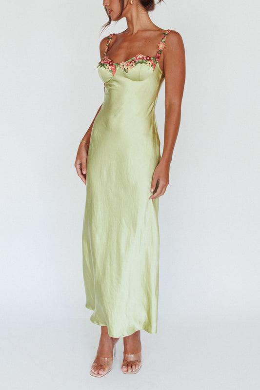 Gloria Lime Green satin maxi