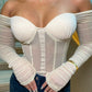 Beige Bustier Long Sleeve Mesh Bodysuit