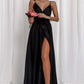 Black Satin Wrapover Strappy Belted Maxi Dress