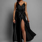 Black Satin Wrapover Strappy Belted Maxi Dress