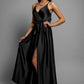 Black Satin Wrapover Strappy Belted Maxi Dress