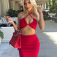 Red Keyhole Halterneck Crop Top & Midi Skirt set