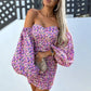 Lilac Floral Ruched Bardot Puff Sleeve Mini Dress