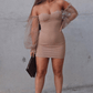 Beige Bardot dress with Sheer sleeves