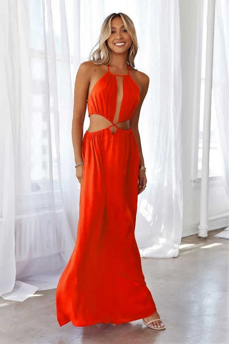 Orange Cut Out Waist Halterneck Maxi Dress