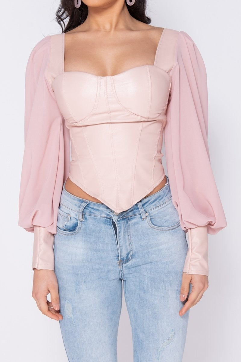 Pink Corset Detail Top With Sheer Sleeves