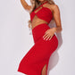 Red Keyhole Halterneck Crop Top & Midi Skirt set