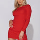 Red Rib Knit Chain Trim Open Back Mini Dress